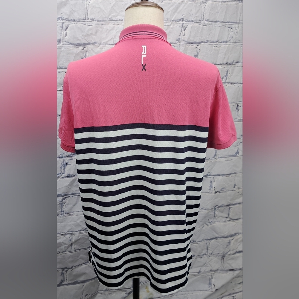 RLX Ralph Lauren Men's Golf Polo Shirt Logo Pink Navy Striped Large - Picture 8 of 14